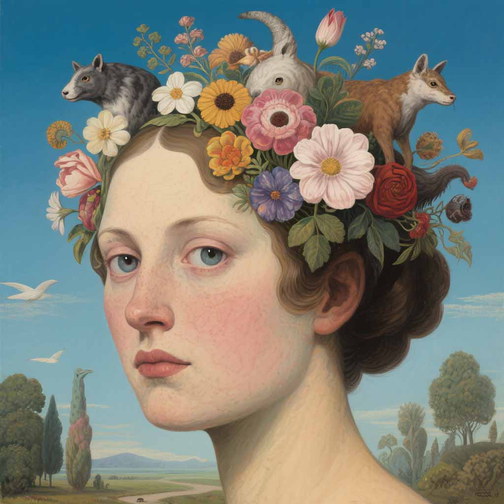 AI generated classical portrait painting of a woman with flowers and animals on her head