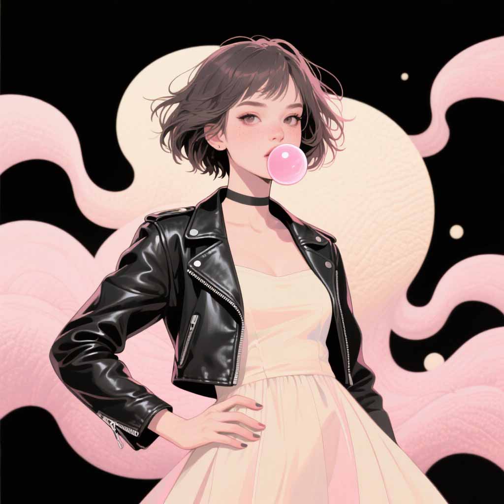 AI generated anime girl blowing bubble gum wearing black leather jacket illustration