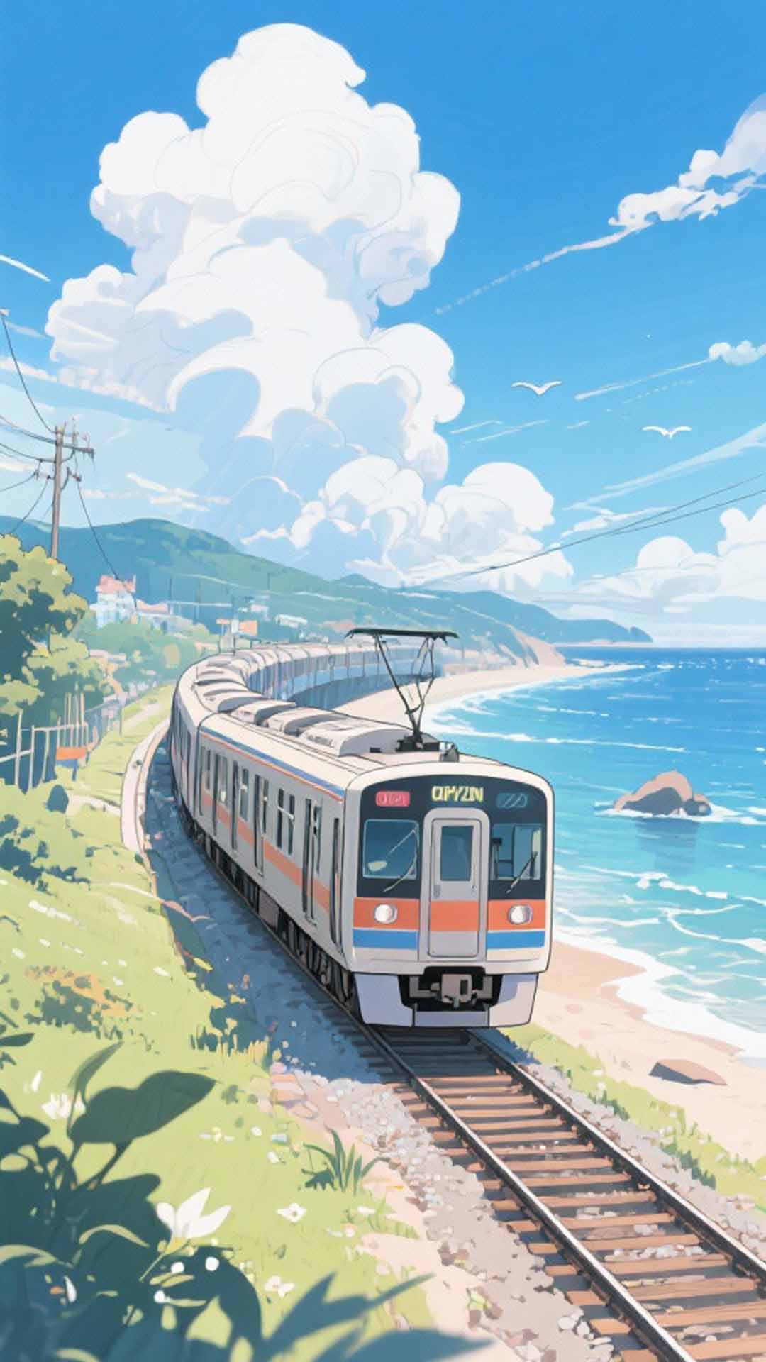 AI generated anime-style coastal train traveling beside the ocean under blue sky clouds