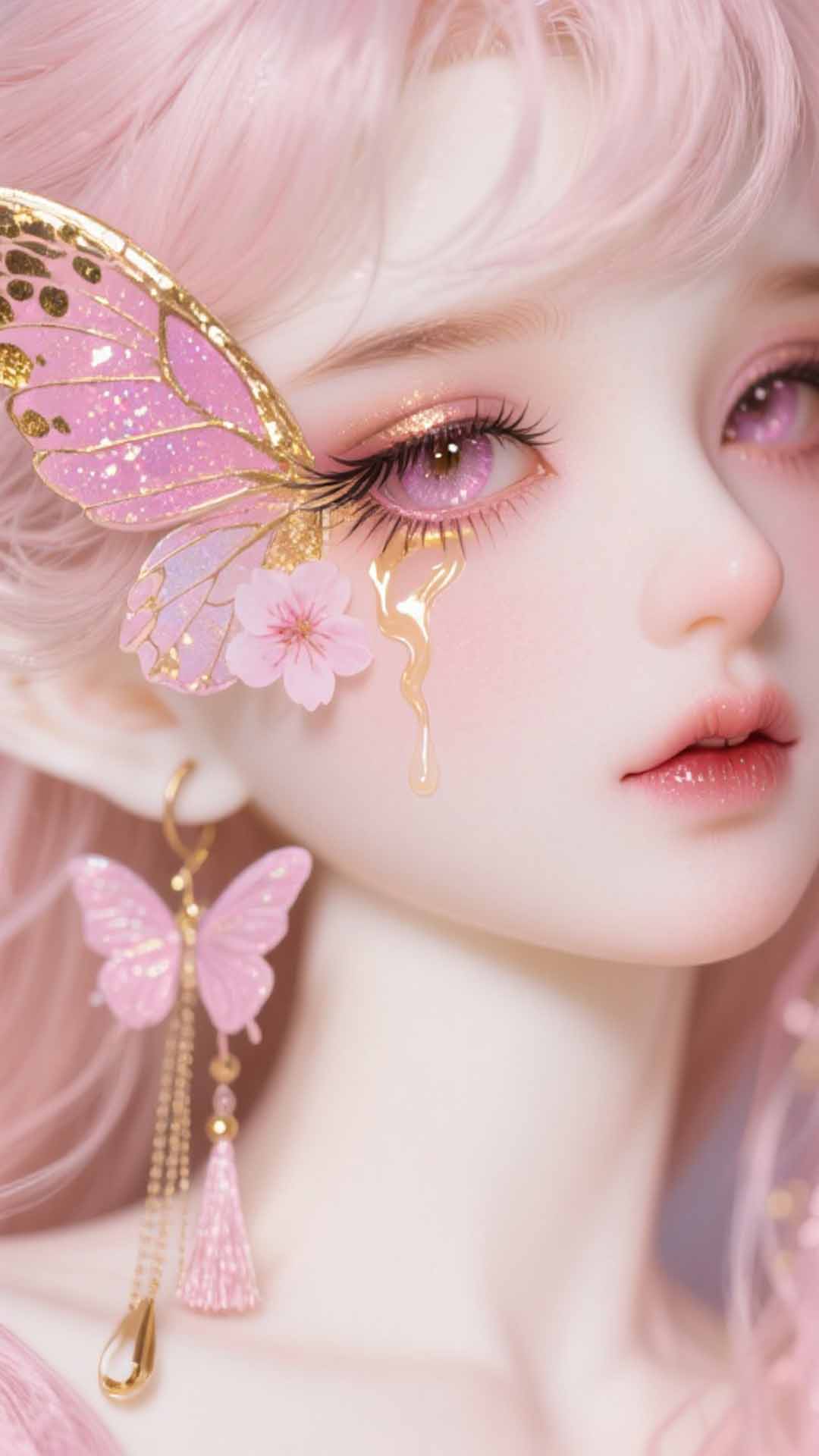 AI generated pink fantasy anime girl with butterfly makeup and soft pastel aesthetic