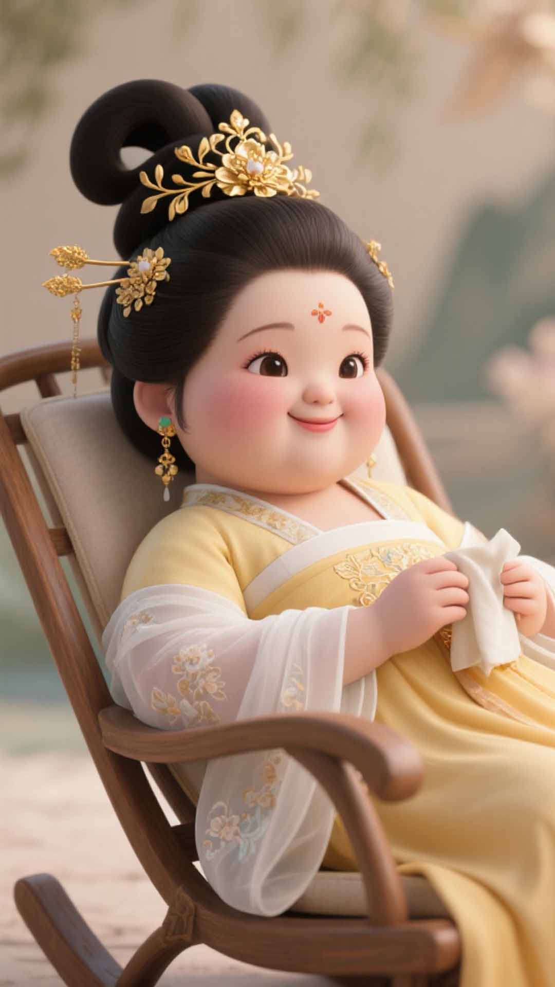 AI generated cute chubby ancient Chinese girl sitting in a chair smiling in 3D style