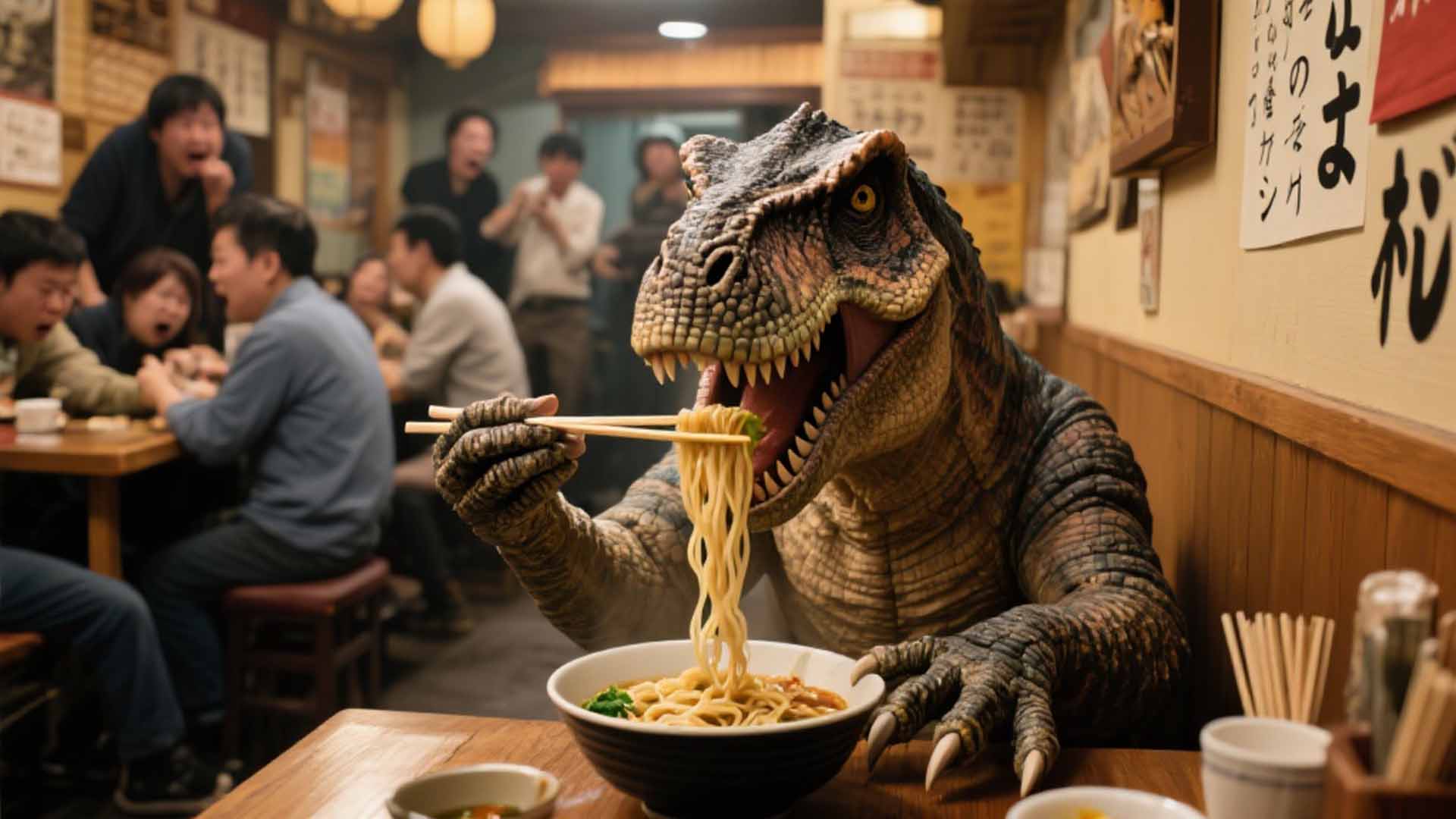 AI generated funny dinosaur eating ramen inside a Japanese restaurant cinematic scene