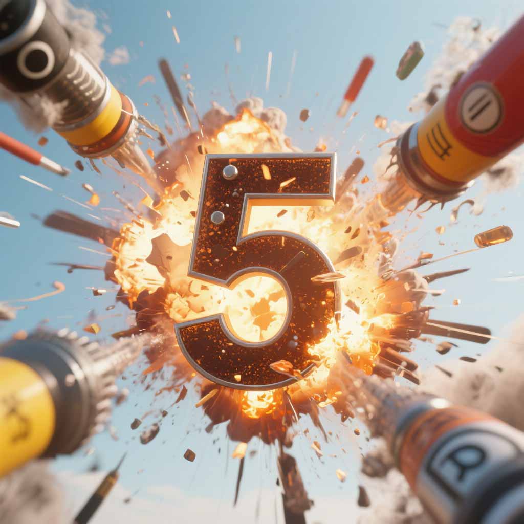 AI generated explosive number five with cinematic fire and destruction visual effects